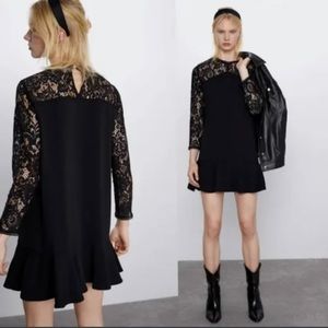 Zara Black lace long sleeve mini dress w/ ruffled bottom